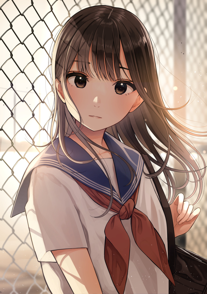 absurdres backlighting bag blue_sailor_collar blush brown_eyes brown_hair chain-link_fence female fence highres kentaurosu long_hair neckerchief original outdoors parted_lips red_neckerchief sailor_collar school_uniform serafuku shirt short_sleeves shoulder_bag solo sunlight upper_body white_shirt