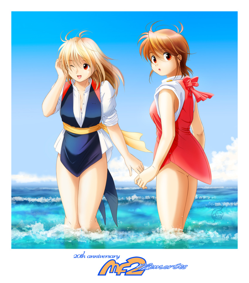 2girls ass bare_arms blue_sky breasts brown_hair cleavage cloud cloudy_sky collarbone colt_(monster_farm) commentary_request curie_(monster_farm) day highres long_hair looking_at_viewer md5_mismatch monster_farm multiple_girls ocean one_eye_closed open_mouth outdoors photoshop_(medium) pipoo red_eyes short_hair sky sleeveless sleeves_rolled_up smile thighs wading water