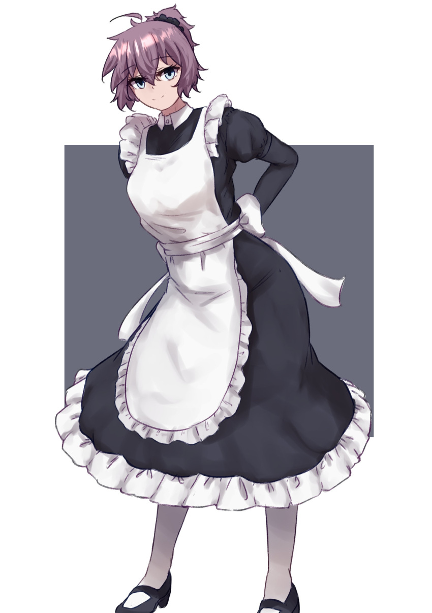 absurdres alternate_costume aoba_(kancolle) apron arms_behind_back black_dress black_scrunchie dress female full_body green_eyes hair_ornament hair_scrunchie highres ikadamo kantai_collection leaning_forward looking_at_viewer maid mary_janes messy_hair ponytail purple_hair scrunchie shoes socks solo square two-tone_background white_apron white_socks