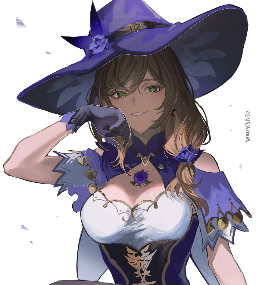 bad_id bad_twitter_id black_gloves breasts brown_hair cleavage dress earrings female flower genshin_impact gloves green_eyes hair_between_eyes hat hat_flower highres jewelry large_breasts lisa_(genshin_impact) long_hair looking_at_viewer parted_lips purple_flower purple_hat simple_background solo twitter_username ueauwa upper_body white_background witch_hat