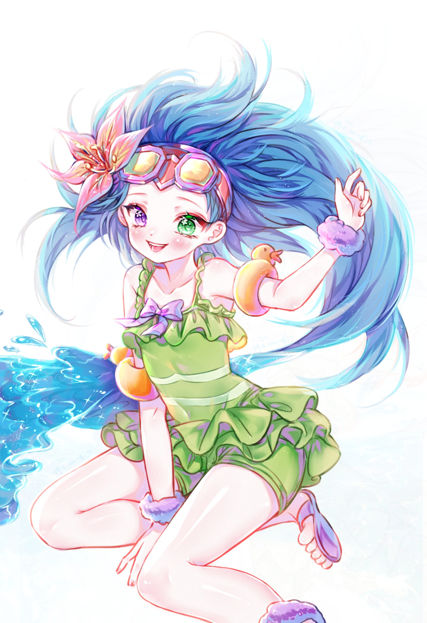 :d bad_id bad_pixiv_id bare_shoulders blue_eyes blue_hair blush collarbone female flower goggles goggles_on_head green_eyes green_one-piece_swimsuit grey_background hair_flower hair_ornament heterochromia highres layered_swimsuit league_of_legends long_hair one-piece_swimsuit pool_party_zoe sandals scrunchie shito_neko_(zitonger) simple_background smile solo swimsuit teeth tongue upper_teeth_only wrist_scrunchie zoe_(league_of_legends)