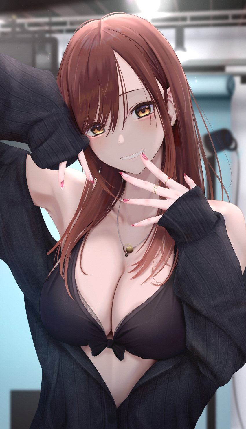 absurdres arm_up armpits bare_shoulders bikini bikini_top_only black_bikini black_jacket blurry breasts brown_hair cleavage commentary depth_of_field female front-tie_bikini_top front-tie_top grin hand_up highres inaka_44 jacket jewelry large_breasts long_hair long_sleeves looking_at_viewer multiple_rings nail_polish necklace off_shoulder open_clothes open_jacket original red_nails ring smile solo swimsuit symbol-only_commentary upper_body