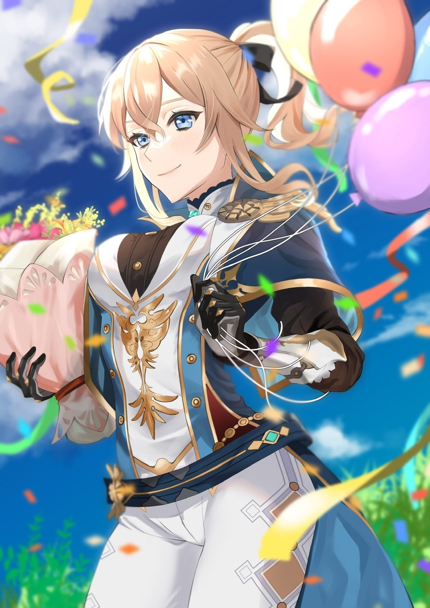 balloon birthday black_bow blonde_hair blue_eyes blush bouquet bow breasts closed_mouth commentary_request eyelashes female genshin_impact gloves hair_between_eyes hair_ornament hairbow highres holding holding_bouquet jean_(genshin_impact) jean_(gunnhildr's_legacy)_(genshin_impact) knight long_hair looking_at_viewer medium_breasts official_alternate_costume outdoors ponytail smile solo thighs yamabuki0211