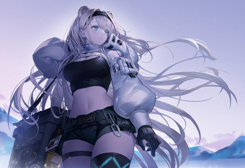 animal_ears arknights aurora_(arknights) aurora_(elite_ii)_(arknights) bear_ears black_gloves black_shirt blue_eyes breasts commentary commentary_request cowboy_shot crop_top female fur-trimmed_jacket fur_trim gloves grey_shorts horns infection_monitor_(arknights) jacket large_breasts long_hair long_sleeves midriff navel outdoors shirt short_shorts shorts shrug_(clothing) sky smile solo standing stomach thighs very_long_hair white_hair zerg_(z79438659)