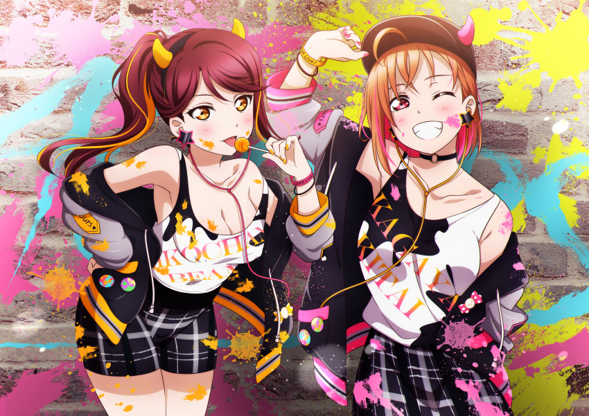 2girls absurdres ahoge alternate_hairstyle armpits breasts candy checkered_clothes checkered_shorts checkered_skirt choker cleavage clothes_pin collarbone copyright_name cowboy_shot fake_horns food graffiti grin hat headphones highres horned_headwear horns jacket kougi_hiroshi light_blush lollipop long_hair looking_at_viewer love_live! love_live!_sunshine!! medium_breasts medium_hair multiple_girls nail_polish one_eye_closed orange_hair paint_splatter pink_eyes ponytail red_hair sakurauchi_riko shirt shorts skirt smile star_(symbol) t-shirt takami_chika tongue tongue_out wall wristband yellow_eyes