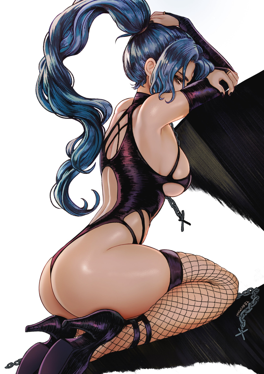 absurdres ass blue_hair breasts bridal_gauntlets chains commission decima_velanox english_commentary female final_fantasy final_fantasy_xiv fishnet_thighhighs fishnets high_heels highres leotard long_hair magion02 medium_breasts ponytail purple_footwear seiza sitting skindentation solo thighhighs warrior_of_light_(ff14) watermark white_background