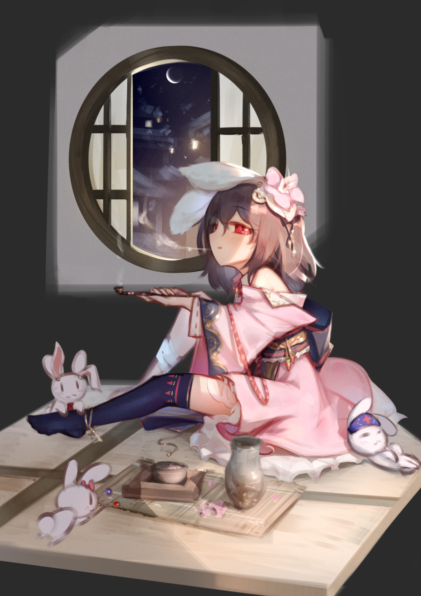 adapted_costume animal_ears architecture bare_shoulders black_thighhighs blowing_smoke brown_hair cosplay crescent_moon east_asian_architecture female floppy_ears flower full_body hair_between_eyes hair_flower hair_ornament hat hibiscus highres holding holding_smoking_pipe houraisan_kaguya houraisan_kaguya_(cosplay) inaba_mob_(touhou) inaba_tewi indoors kiseru light_blush looking_up medium_hair moon night night_sky nurse_cap off_shoulder over-kneehighs parted_lips petticoat pink_flower pink_robe rabbit rabbit_ears red_eyes reisen_udongein_inaba reisen_udongein_inaba_(cosplay) robe round_window sitting sky sleeping smoking_pipe solo tatami thighhighs tlobtr touhou window yagokoro_eirin yagokoro_eirin_(cosplay)