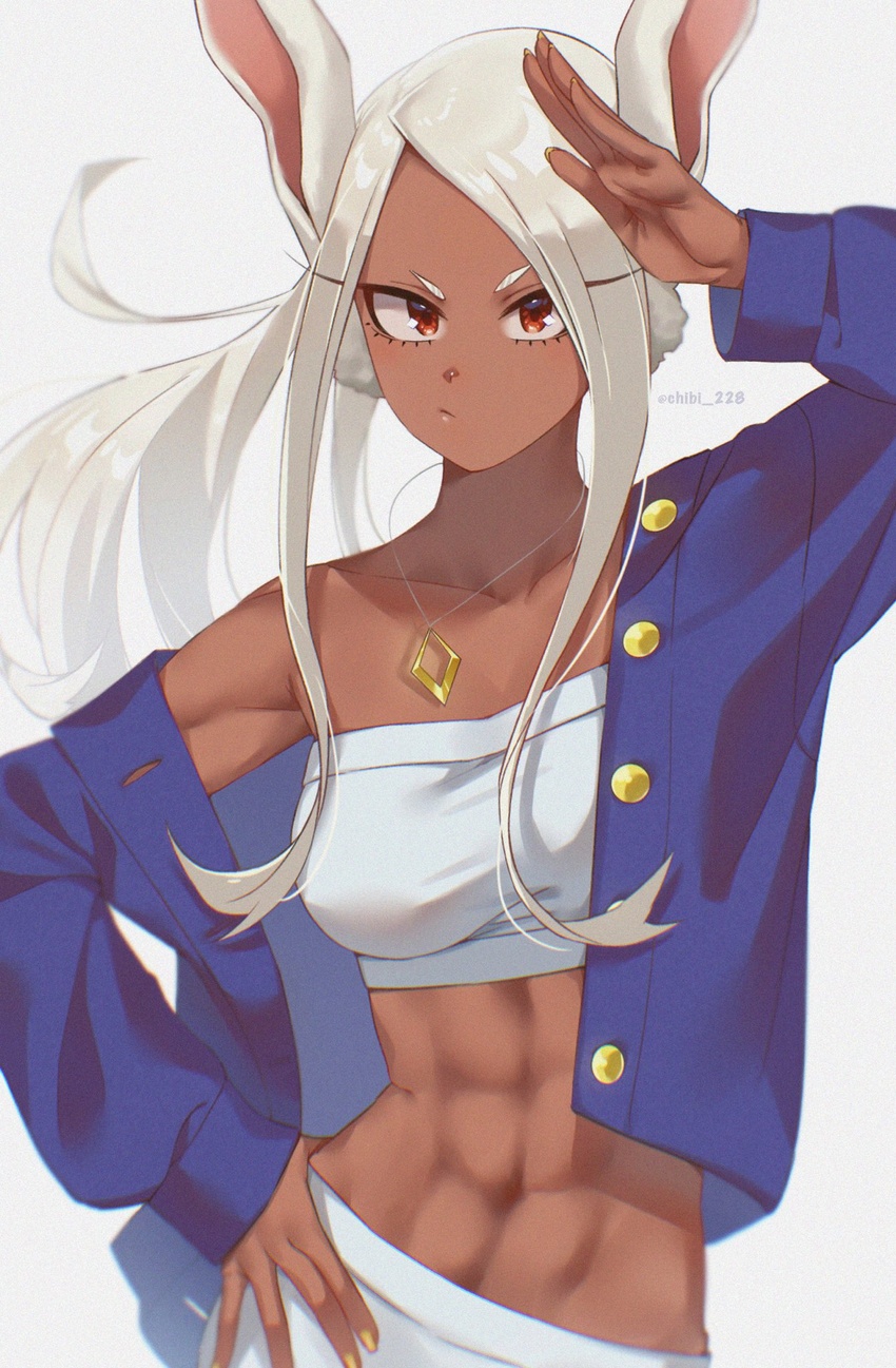 :/ abs animal_ears blue_jacket boku_no_hero_academia breasts chibi_228 closed_mouth collarbone contrapposto dark-skinned_female dark_skin female hand_on_own_hip hand_up highres jacket jewelry large_breasts long_eyelashes long_hair looking_at_viewer mirko muscular muscular_female nail_polish navel off_shoulder pants parted_bangs pendant ponytail rabbit_ears rabbit_girl red_eyes shirt single_bare_shoulder solo stomach strapless toned tube_top twitter_username upper_body white_hair white_pants white_shirt white_tube_top yellow_nails