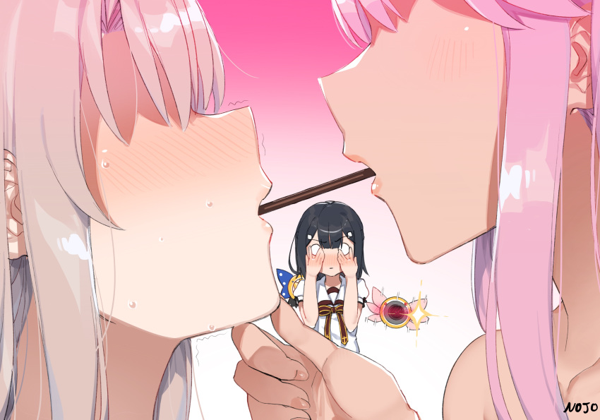 3girls 9nojo absurdres bare_shoulders black_hair blush bow brown_bow chloe_von_einzbern covering_own_eyes fate/kaleid_liner_prisma_illya fate_(series) food food_in_mouth grabbing_another's_chin gradient_background hair_ornament hair_over_eyes hairclip hand_on_another's_chin highres illyasviel_von_einzbern long_hair looking_at_another magical_ruby magical_sapphire miyu_edelfelt mouth_hold multiple_girls no_pupils nose_blush open_mouth peeking_through_fingers pink_hair pink_lips pocky pocky_day pocky_kiss shared_food shirt sidelocks sweat trembling white_hair white_shirt yuri