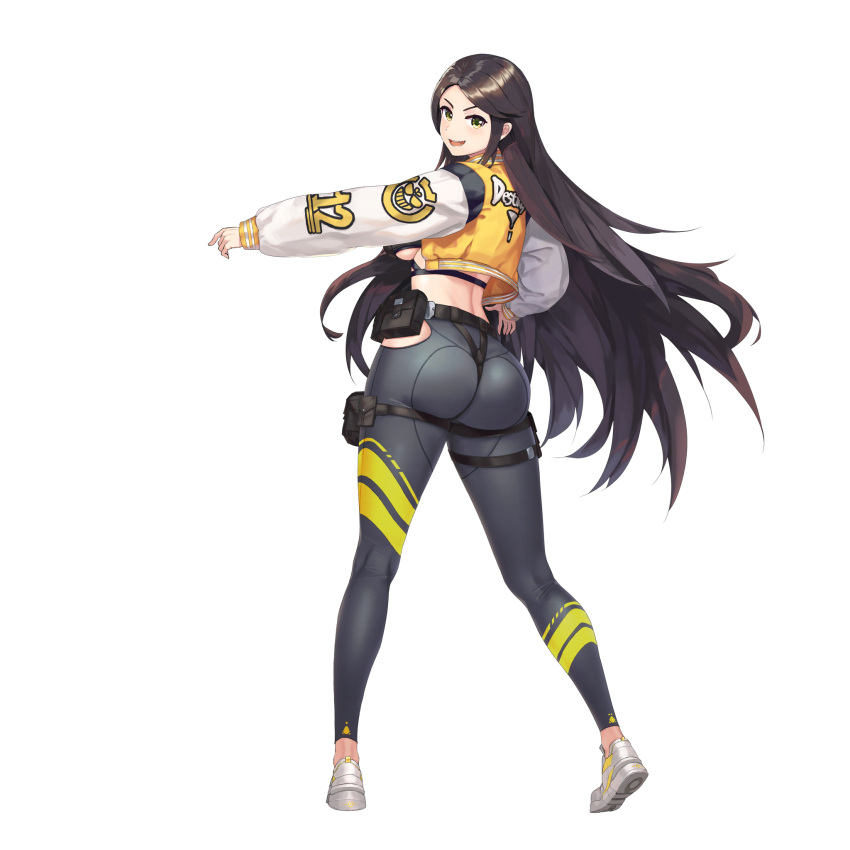 ass belt belt_pouch black_belt black_sports_bra breasts brown_hair d-log english_text female full_body game_cg green_eyes grey_leggings highres huge_ass jacket last_origin leg_belt leggings letterman_jacket long_hair looking_at_viewer looking_back median_furrow oerba_yun_fang official_alternate_costume official_art open_clothes open_jacket open_mouth pouch shoes sidelocks simple_background skin_tight smile solo sports_bra standing steel_draco_(last_origin) striped_leggings tachi-e thigh_belt thigh_strap third-party_source transparent_background underboob underwear utility_belt very_long_hair wedgie white_footwear white_jacket yellow_jacket