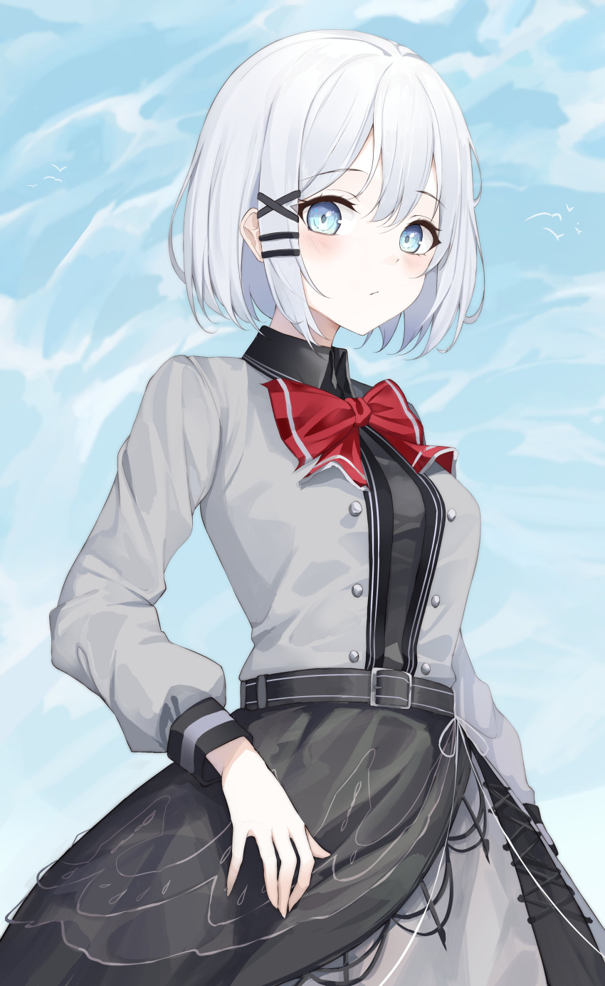 absurdres belt bird black_dress blue_eyes blush bow bowtie buttons cloud cloudy_sky collared_shirt dress female flying grey_shirt hair_between_eyes hair_ornament highres long_sleeves looking_back schuld shirt short_hair side_ponytail siesta_(tantei_wa_mou_shindeiru) sky solo tantei_wa_mou_shindeiru white_hair x_hair_ornament