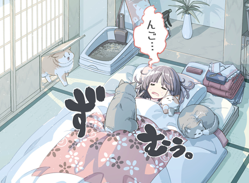 :3 animal animal_print backlighting blunt_bangs bottle brown_hair cat_print closed_eyes door dutch_angle facing_viewer feline female floral_print folded_clothes furrowed_brow futon hair_spread_out hakurei_reimu indoors light_particles litter_box lying morning no_hair_bow no_hair_ornament no_nose on_back open_mouth pet pet_door pet_food pillow plant sakuraba_yuuki shade shadow short_hair shouji sleeping sliding_doors sound_effects speech_bubble spray_bottle sweat tatami tongue touhou trowel u_u under_covers vase |_|