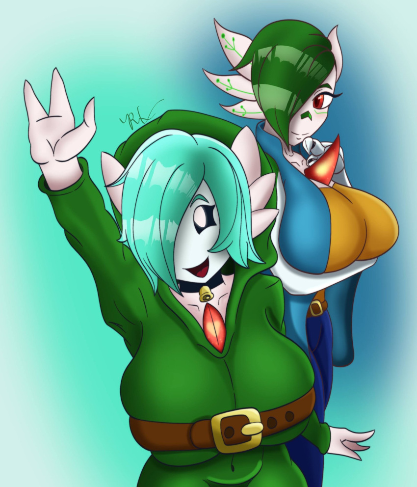 2022 3_fingers amber_(reapcreates831) arm_on_breasts bell_choker belt big_breasts black_sclera blue_background breasts clothing cybernetic_limb cybernetics duo female fingers gardevoir generation_3_pokemon gesture green_hair hair hair_over_eye hand_on_chin hi_res hoodie huge_breasts julienne_(reapcreates831) looking_at_another looking_at_partner machine mask nintendo not_furry one_eye_obstructed pokemon pokemon_(species) pupils reapcreates831 red_eyes signature simple_background smile topwear turquoise_hair waving waving_at_viewer white_pupils