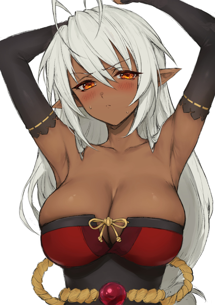 antenna_hair armpits arms_up bare_shoulders breasts cleavage closed_mouth collarbone dark-skinned_female dark_elf dark_skin elf female hair_between_eyes haoni highres large_breasts looking_at_viewer orange_eyes pointy_ears sansei_muramasa simple_background solo soukou_akki_muramasa white_background