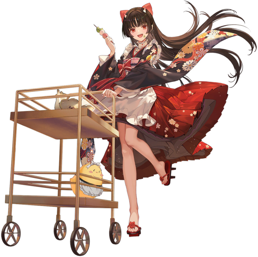 alternate_costume apron atdan azur_lane bow brown_hair dress enmaided female floating_hair floral_print frilled_apron frills hairbow horns leg_up long_hair long_sleeves looking_at_viewer maid maid_apron maid_headdress manjuu_(azur_lane) official_alternate_costume official_art open_mouth record red_bow red_dress red_eyes sakawa_(azur_lane) sakawa_(the_colors_of_love)_(azur_lane) solo standing standing_on_one_leg teapot transparent_background wa_maid white_apron wide_sleeves