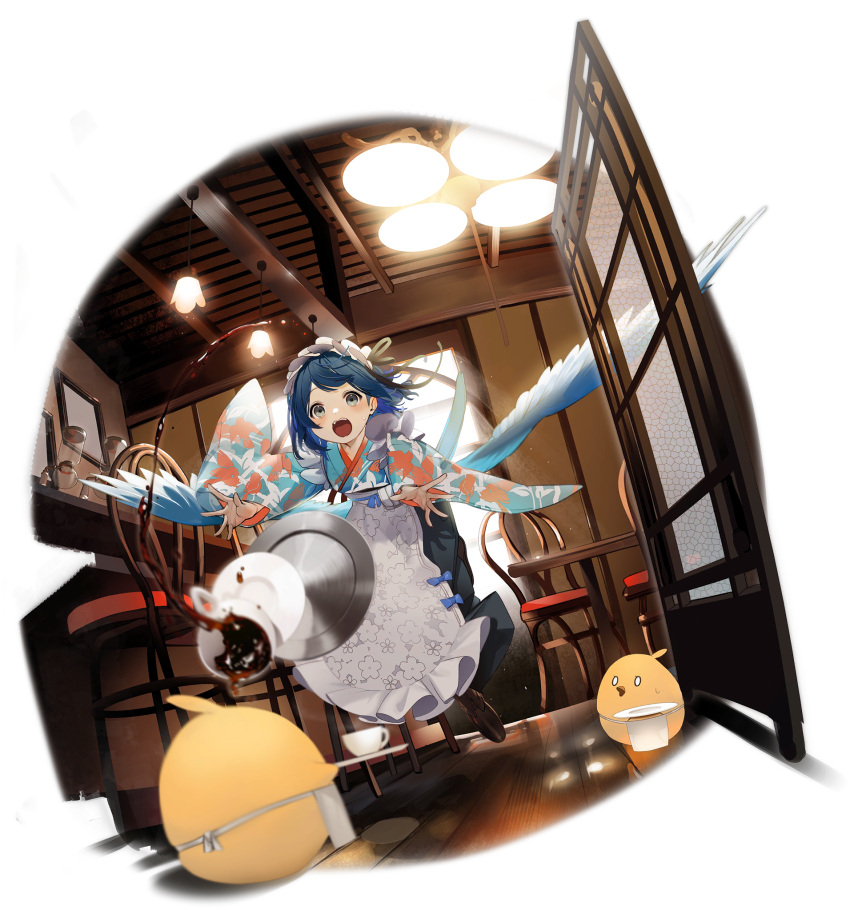 apron azur_lane blue_hair blue_kimono blue_wings blush chair coffee cup drink dutch_angle female frilled_apron frills grey_eyes hakama highres indoors japanese_clothes kimono looking_at_viewer maid maid_apron maid_headdress manjuu_(azur_lane) nishikikope official_alternate_costume official_art open_mouth plate print_kimono saucer shoes spilling teacup transparent_background tray tripping wa_maid wakatsuki_(azur_lane) wakatsuki_(slapdash_blue_sparrow)_(azur_lane) white_apron wings