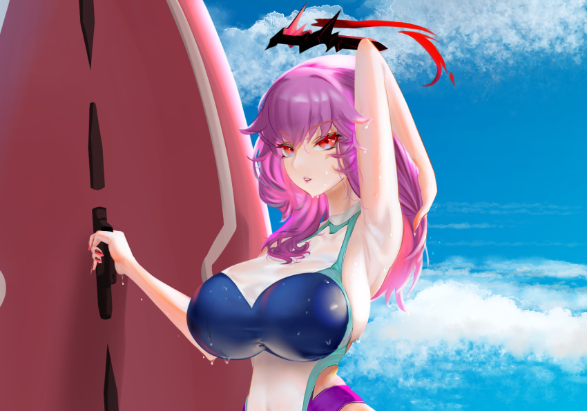 alternate_costume arm_behind_head armpits azibuda azur_lane bad_id bad_pixiv_id beach blue_sky breasts cloud commentary competition_swimsuit day duca_degli_abruzzi_(azur_lane) female halo hand_in_own_hair holding holding_surfboard huge_breasts impossible_clothes impossible_swimsuit long_hair looking_at_viewer multicolored_clothes multicolored_swimsuit nail_polish one-piece_swimsuit open_mouth parted_lips purple_hair red_eyes red_nails skin_tight sky solo surfboard swimsuit upper_body wet wet_clothes wet_swimsuit