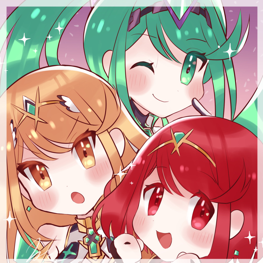 3girls blonde_hair blush chibi earrings green_eyes green_hair highres jewelry kyosuke1413koba long_hair multiple_girls mythra_(xenoblade) pneuma_(xenoblade) ponytail pyra_(xenoblade) red_eyes red_hair short_hair swept_bangs tiara tsundere very_long_hair xenoblade_chronicles_(series) xenoblade_chronicles_2 yellow_eyes