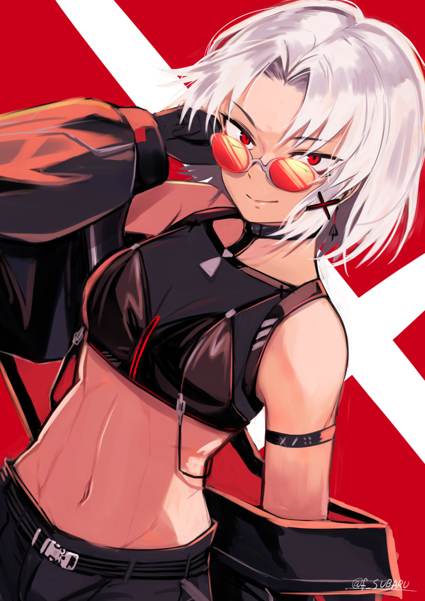 absurdres arm_strap black_gloves crop_top drake_(nikke) drake_(villain_racer)_(nikke) female fujisaki_subaru gloves goddess_of_victory:_nikke hair_ornament highres looking_at_viewer looking_over_eyewear midriff navel red-tinted_eyewear red_background red_eyes short_hair solo stomach sunglasses tinted_eyewear white_hair x_hair_ornament