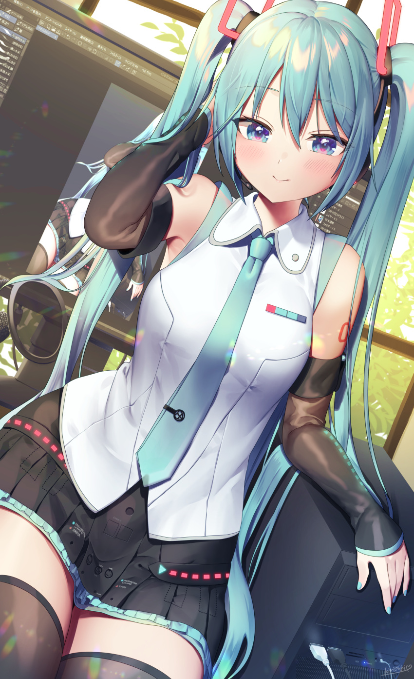 absurdres aqua_eyes aqua_hair aqua_nails aqua_necktie bad_id bad_pixiv_id black_skirt black_sleeves black_thighhighs blue_eyes blue_hair blush breasts clip_studio_paint collared_shirt commentary detached_sleeves female hair_ornament hand_in_own_hair hand_on_own_head hand_up hatsune_miku hatsune_miku_(vocaloid4) headphones highres kirisaki_shuusei long_hair medium_breasts microphone miniskirt monitor nail_polish necktie pleated_skirt pop_filter see-through see-through_legwear shirt sitting skirt sleeveless sleeveless_shirt smile solo thighhighs twintails v4x very_long_hair vocaloid white_shirt zettai_ryouiki