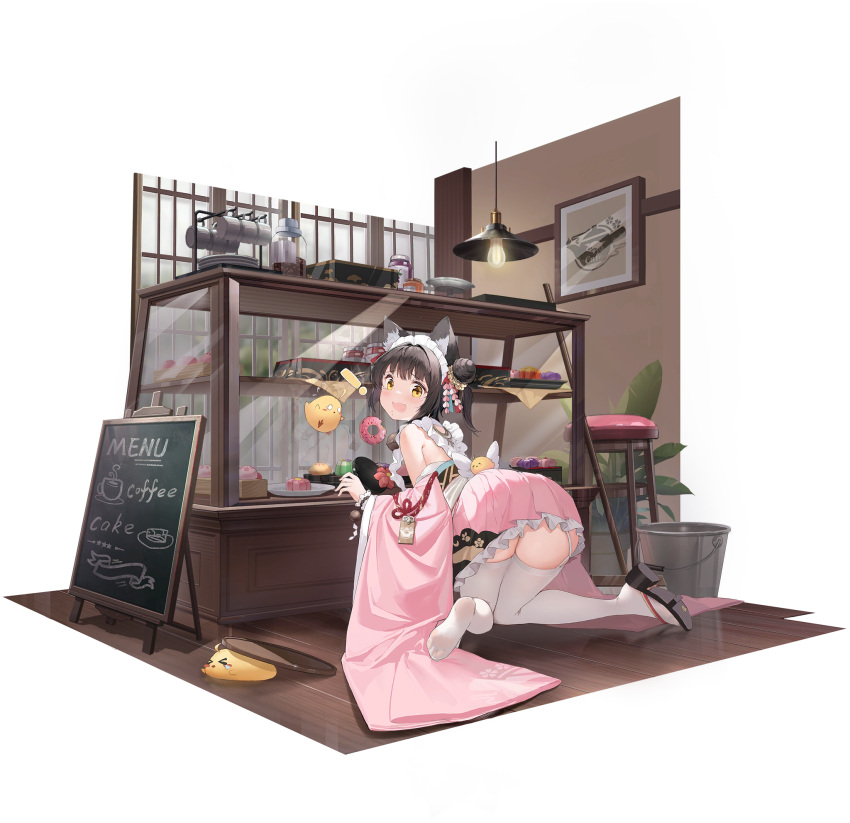 alisa_(kuro_no_sakura) animal_ears apron azur_lane back_bow bow brown_footwear brown_hair bucket ceiling_light doughnut female food from_side garter_straps highres kneeling looking_at_viewer manjuu_(azur_lane) medium_hair menu_board mop mutsu_(a_maid's_mis-service?)_(azur_lane) mutsu_(azur_lane) official_alternate_costume official_art pink_skirt pleated_skirt shoes single_shoe skirt solo thighhighs transparent_background white_apron white_garter_straps white_thighhighs wooden_floor yellow_eyes