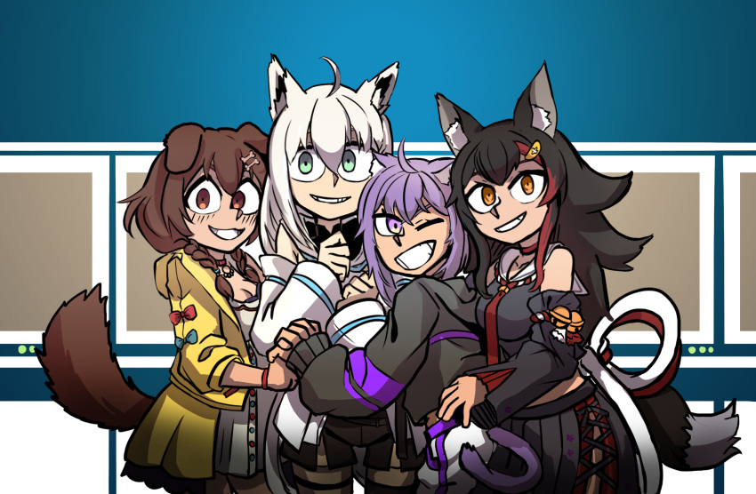 4girls :d ahoge animal_ear_fluff animal_ears black_hair blue_bow bone_hair_ornament bow braid breasts brown_eyes brown_hair cat_ears cat_girl cat_tail cerberus_(helltaker) clenched_teeth collar commentary detached_sleeves dog_ears dog_girl dog_tail floral_print fox_ears fox_girl from_behind ghgnvm green_eyes grin hair_between_eyes hair_ornament helltaker highres holding_hands hololive hololive_gamers hood hood_down interlocked_fingers inugami_korone inugami_korone_(1st_costume) jacket long_hair long_sleeves looking_at_viewer looking_back multicolored_hair multiple_girls nekomata_okayu nekomata_okayu_(1st_costume) one_eye_closed ookami_mio ookami_mio_(1st_costume) open_mouth pants parody pleated_skirt purple_eyes purple_hair red_bow red_hair shirakami_fubuki shirakami_fubuki_(1st_costume) short_hair sidelocks skirt sleeveless smile streaked_hair style_parody tabi tail teeth twin_braids v-shaped_eyebrows vanripper_(style) very_long_hair virtual_youtuber white_hair white_pants wolf_ears wolf_girl wolf_tail yellow_eyes yellow_jacket