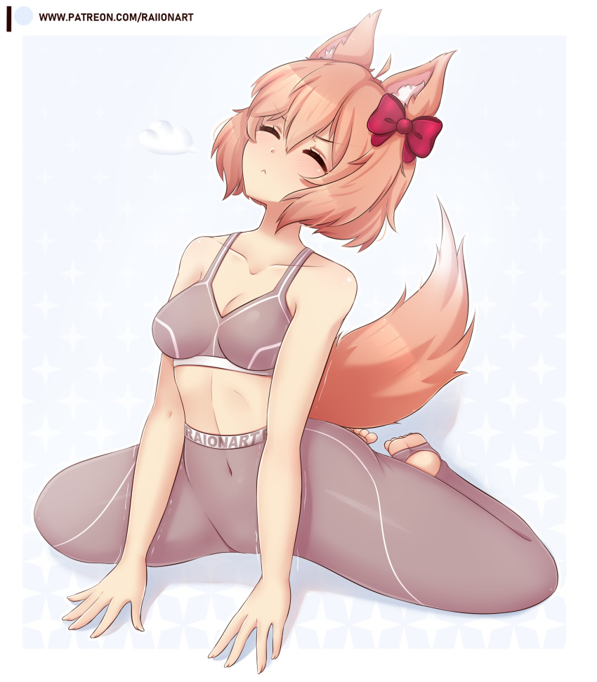 bow bow_in_hair bra closed_eyes doki_doki_literature_club female female_only fox fox_ear fox_ears fox_girl fox_tail foxgirl gym_clothing just_sayori raionart sayori_(doki_doki_literature_club) stretching tremble_lines trembling yoga yoga_pants yoga_pose