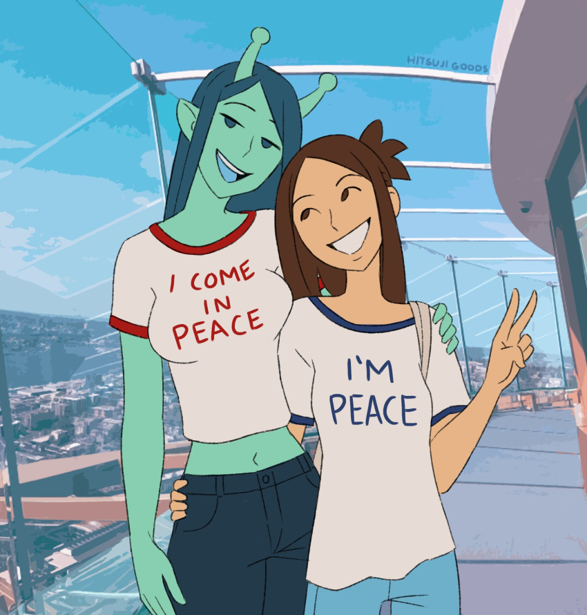 2girls alien alien/human alien_girl brown_hair female funny hand_on_hip hand_on_shoulder hitsujigoods humor midriff peace_sign smile smiling t-shirt text_on_shirt