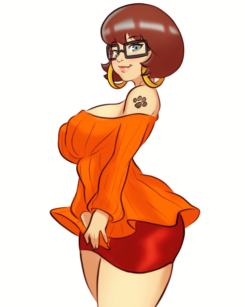 2019 breasts brown_hair earrings female female_focus female_only full_lips hanna-barbera jakuson_z looking_at_viewer miniskirt orange_sweater pawprint_tattoo scooby-doo short_hair sweater tattoo thighs velma_dinkley white_background