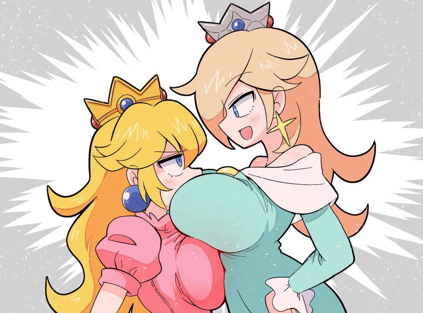 2girls asymmetrical_docking between_breasts blonde_hair blue_dress blue_eyes blush breast_press breasts crown dress earrings face_between_breasts glaring head_between_breasts highres huge_breasts jewelry kurachi_mizuki large_breasts mario_(series) mini_crown multiple_girls pink_dress princess_peach rosalina smile sphere_earrings star_(symbol) star_earrings