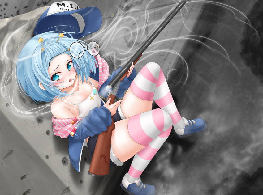 absurdres astera_tofu baseball_cap black_shorts blue_eyes blue_footwear blue_hair blue_jacket camisole cigarette collarbone double-barreled_shotgun female glasses gun hairband hat highres holding holding_gun holding_weapon jacket jelly_hoshiumi open_clothes open_jacket open_mouth phase_connect pink_thighhighs round_eyewear short_hair shorts shotgun shotgun_shell smoke smoking solo striped_clothes striped_thighhighs thighhighs unworn_eyewear virtual_youtuber weapon white_camisole white_thighhighs yellow_hairband