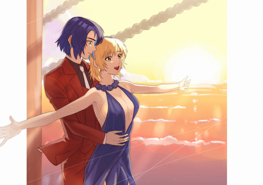 1boy athrun_zala bare_shoulders black_shirt blonde_hair blue_dress blue_hair breasts cagalli_yula_athha center_opening cleavage couple dress earrings female gundam gundam_seed gundam_seed_freedom hairband hand_on_another's_waist highres hiii_biki jacket jewelry looking_at_another looking_to_the_side necktie open_mouth outstretched_arms pants red_jacket red_pants red_suit shirt short_hair sleeveless sleeveless_dress spread_arms standing suit white_necktie yellow_eyes