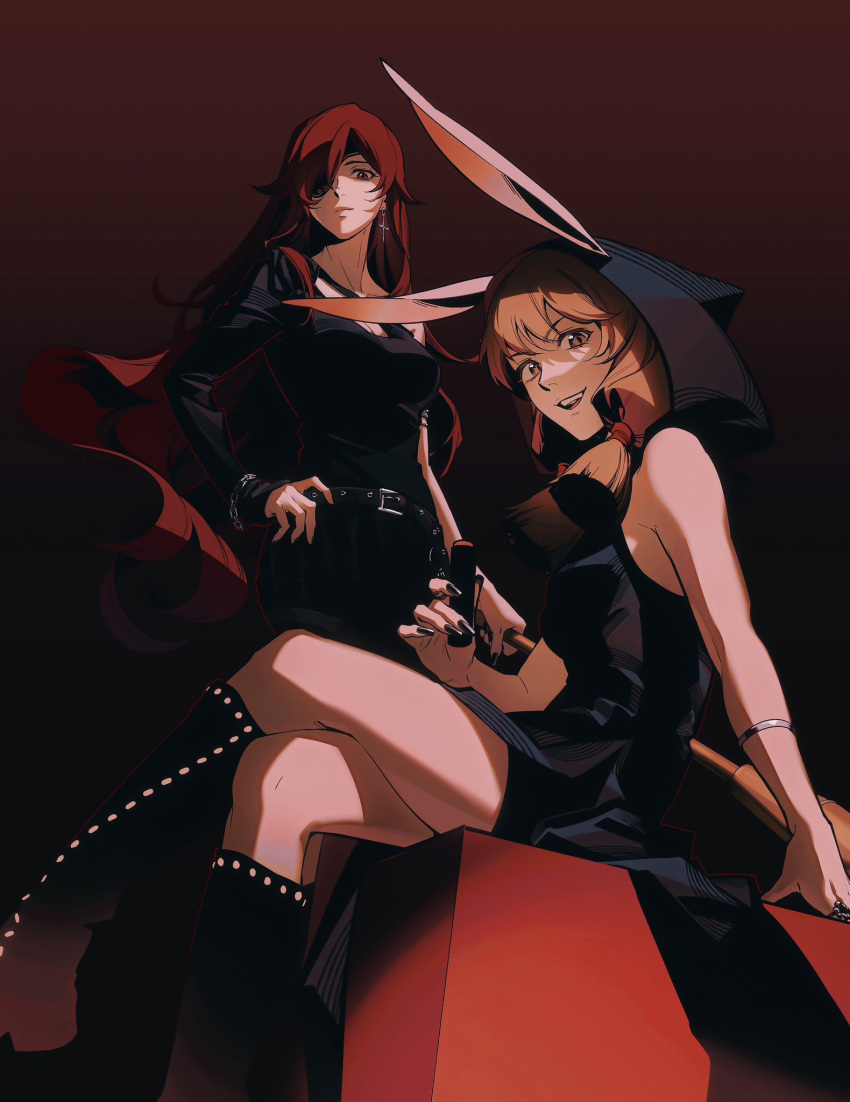 2girls animal_ears belt black_dress black_hoodie black_pants black_shirt boots brown_eyes brown_hair closed_mouth crossed_legs dress highres hood hoodie hwa_ryun kemonomimi_mode lipstick long_hair looking_at_viewer makeup multiple_girls open_mouth pants patch rabbit_ears red_eyes red_hair serious shancunyinian shirt sitting smile tower_of_god twintails very_long_hair xia_xia_(tower_of_god)