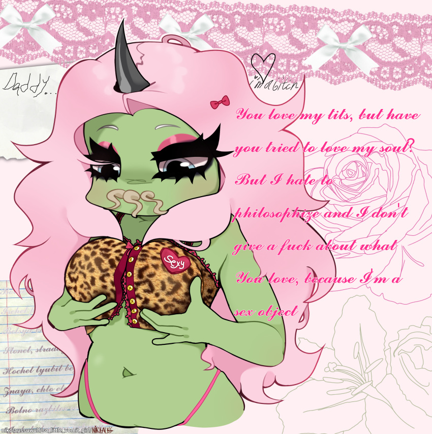 1girls 2d alien alien_girl alien_humanoid anthro anthro_female anthro_only bashlyator bow bra breasts chubby cute english_text female female_only flowers fluffy_hair grabbing_own_breast green_body green_skin horn humanoid kawaii leopard_print long_hair looking_at_own_breasts nikolauss panties payer pink_hair solo spore spore_(game) stomach tentacle_mouth text tifanni_chelua tummy