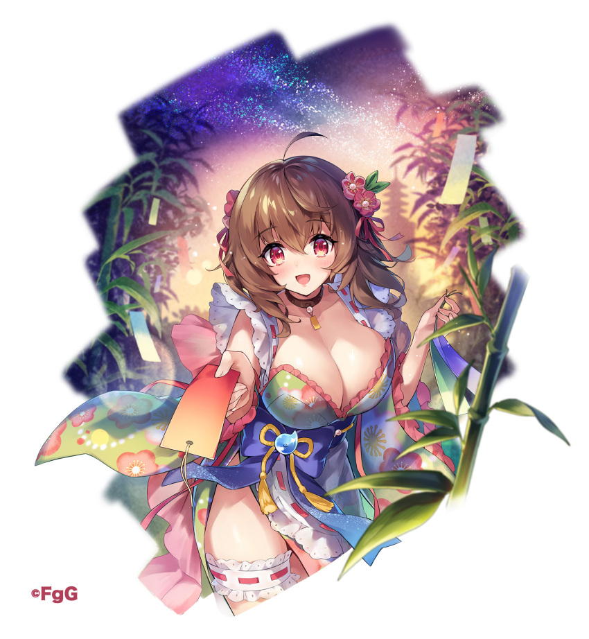 :d ahoge bamboo bamboo_forest breasts brown_hair choker cleavage commentary_request cowboy_shot double-parted_bangs female flower forest hair_between_eyes hair_flower hair_ornament hand_up highres large_breasts looking_at_viewer nature night night_sky official_alternate_costume official_art open_mouth outdoors outstretched_arm phantom_of_the_kill red_eyes second-party_source shichishitou_(phantom_of_the_kill) sidelocks sky smile solo standing tanabata thighs