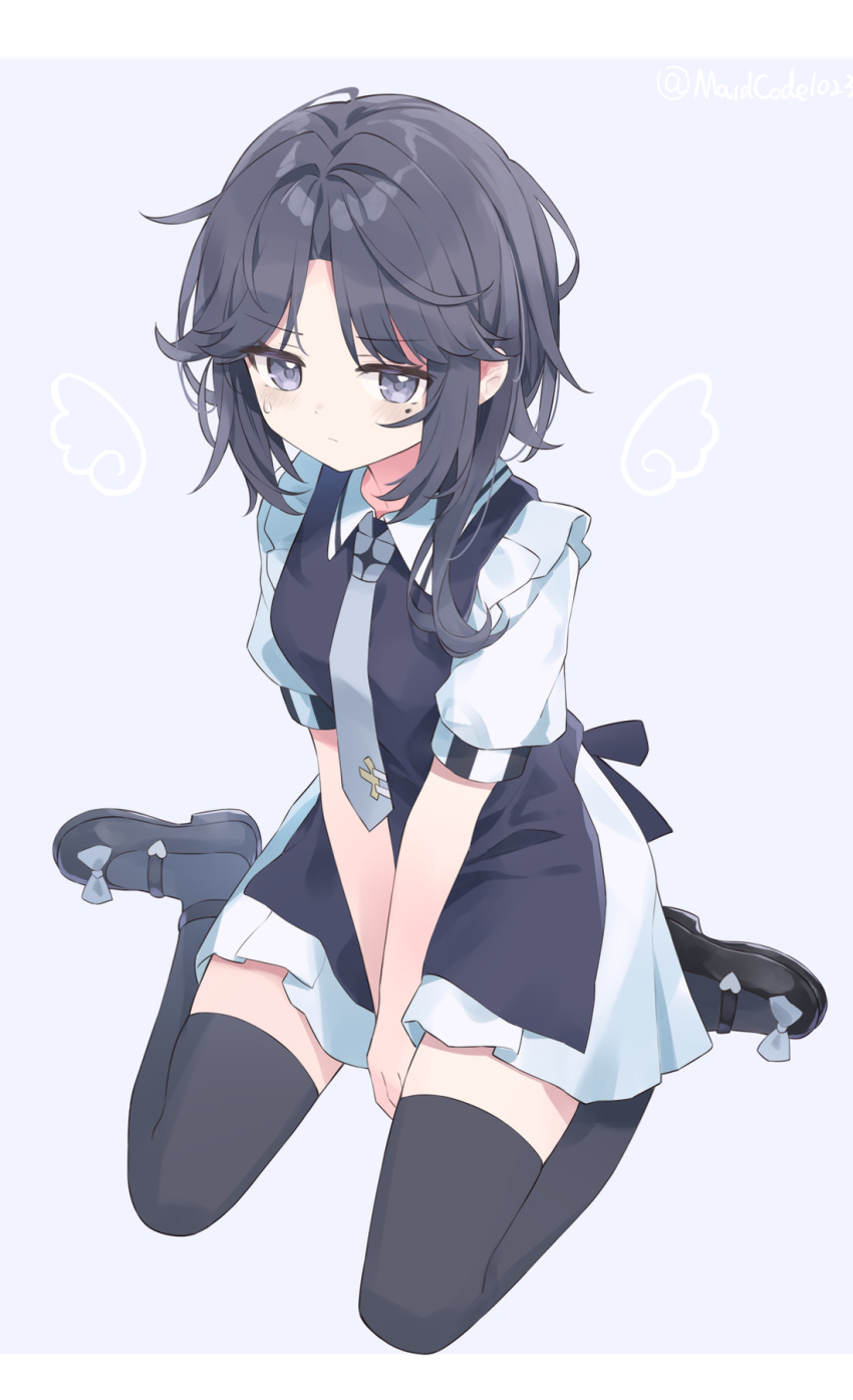 apron arms_between_legs artist_name black_apron black_footwear black_thighhighs blue_background closed_mouth commentary_request dress female frilled_dress frills full_body grey_eyes grey_hair grey_necktie hair_intakes happy_sugar_life hida_shouko highres looking_at_viewer maidcode1023 mary_janes medium_hair mole mole_under_eye necktie shoes short_sleeves simple_background sitting solo thighhighs twitter_username v_arms wariza white_dress wing_print zettai_ryouiki