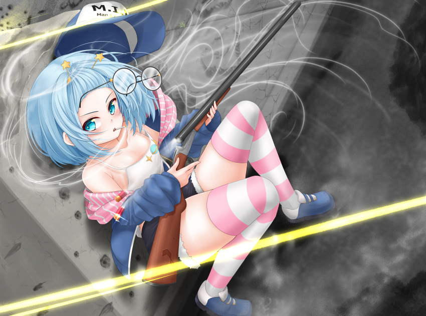 absurdres astera_tofu baseball_cap black_shorts blue_eyes blue_footwear blue_hair blue_jacket camisole cigarette collarbone double-barreled_shotgun female firing glasses gun hairband hat highres holding holding_gun holding_weapon jacket jelly_hoshiumi open_clothes open_jacket phase_connect pink_thighhighs round_eyewear short_hair shorts shotgun shotgun_shell smoke smoking solo striped_clothes striped_thighhighs thighhighs unworn_eyewear virtual_youtuber weapon white_camisole white_thighhighs yellow_hairband