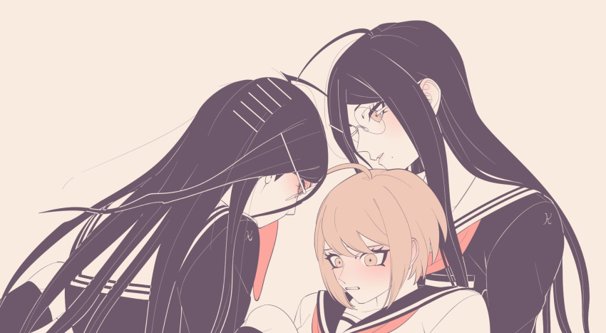 3girls ahoge black_hair black_sailor_collar black_shirt brown_eyes brown_hair danganronpa_(series) danganronpa_another_episode:_ultra_despair_girls dual_persona fukawa_toko hair_ornament hairclip highres ling_yun_(amadare0803) long_hair multiple_girls naegi_komaru neckerchief sailor_collar school_uniform shirt short_hair simple_background white_sailor_collar white_shirt yuri