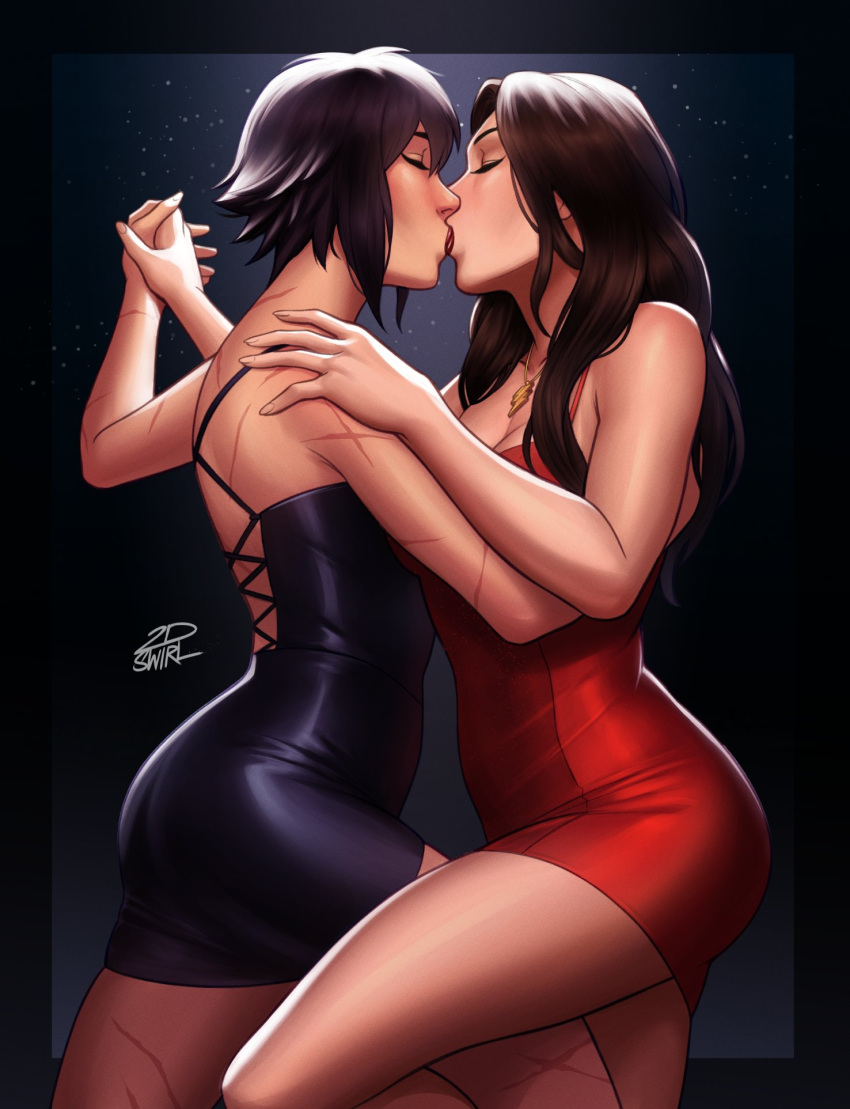 2dswirl 2girls arm_around_shoulder batman_(series) black_dress black_hair cassandra_cain closed_eyes dancing dc_comics dc_extended_universe dress french_kiss highres holding_hands kissing long_hair mary_batson multiple_girls multiple_scars red_dress scar shazam!_(movie) short_hair tango thighs yuri