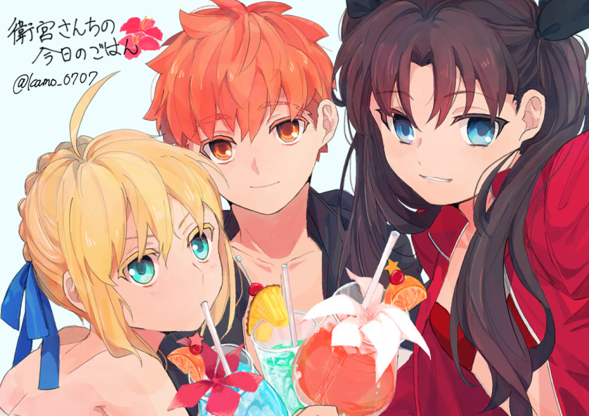 1boy 2girls aqua_eyes artoria_pendragon_(fate) bikini black_hair black_jacket blonde_hair blue_eyes commentary_request cup drinking drinking_straw emiya_shirou fate/stay_night fate_(series) flat_chest food fruit glass holding holding_cup jacket kamo_0707 multiple_girls orange_(fruit) orange_eyes orange_hair orange_slice pineapple pineapple_slice red_bikini red_jacket saber_(fate) swimsuit tohsaka_rin translation_request twitter_username