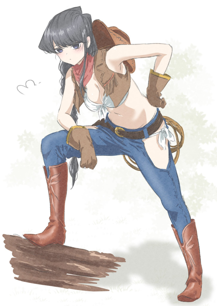 bandana belt black_eyes black_hair boots breasts brown_belt brown_footwear brown_gloves cleavage cowboy_hat cowboy_western cropped_jacket denim female gloves hat hat_on_back highres hip_vent jacket jeans komi-san_wa_komyushou_desu komi_shouko large_breasts leather leather_jacket long_hair mitsugu navel pants red_bandana rope sleeveless sleeveless_jacket solo