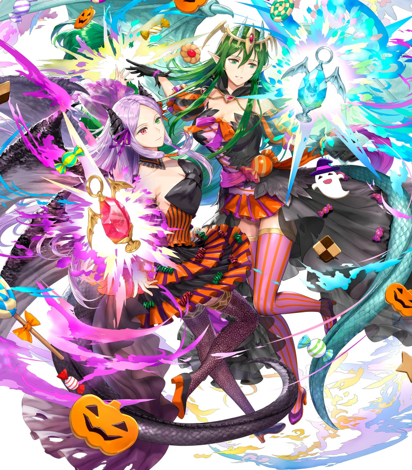 2girls dragon_girl dragon_tail dragon_wings fire_emblem fire_emblem:_new_mystery_of_the_emblem fire_emblem:_shadow_dragon fire_emblem:_the_binding_blade fire_emblem_heroes highres idunn_(fire_emblem) idunn_(halloween)_(fire_emblem) multiple_girls nagi_(fire_emblem) nagi_(halloween)_(fire_emblem) non-web_source official_alternate_costume official_art tail wings