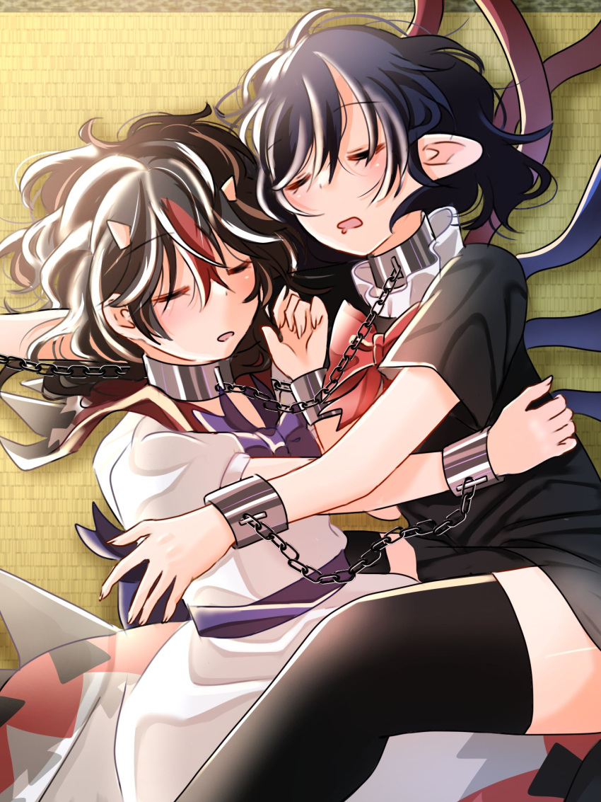 2girls black_hair bow bowtie chains closed_eyes collar day dress drooling highres horns houjuu_nue hug indoors kijin_seija linked_collar multiple_girls on_floor open_mouth pointy_ears red_streaks shiya_re27 short_hair sleeping tatami thighhighs touhou yuri