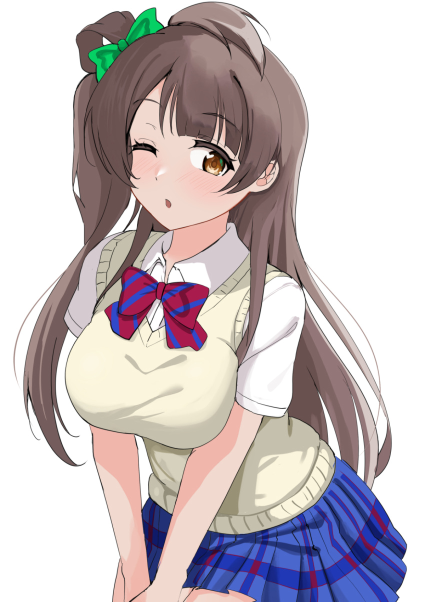 :o blue_skirt blunt_bangs blush bow breasts brown_eyes brown_hair collared_shirt female hair_rings hairbow highres large_breasts long_hair looking_at_viewer love_live! minami_kotori one_eye_closed open_mouth pisagi pleated_skirt school_uniform shirt short_sleeves sidelocks simple_background skirt solo sweater_vest upper_body white_background white_shirt yellow_sweater_vest