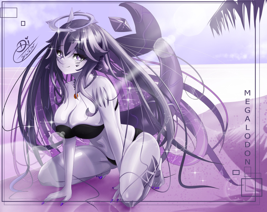 absurdres beach bikini black_bikini black_hair body_markings breasts character_name cleavage closed_mouth colored_inner_hair facial_mark female fins fish_tail grey_hair hair_between_eyes halo highres indie_virtual_youtuber jewelry large_breasts long_hair megalodon_(vtuber) multicolored_hair nail_polish navel necklace ocean purple_eyes purple_hair purple_nails shark_tail shihir09 signature smile solo streaked_hair swimsuit tail toenail_polish toenails virtual_youtuber