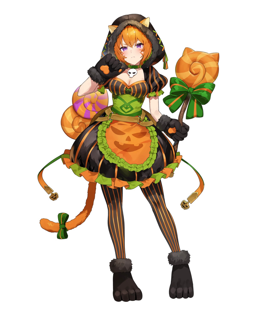 animal_ears apron black_dress black_gloves black_hood breasts candy cat_ears cat_girl cat_tail cleavage dress female fire_emblem fire_emblem:_path_of_radiance fire_emblem:_radiant_dawn fire_emblem_heroes food frown gloves highres hood lethe_(fire_emblem) lethe_(halloween)_(fire_emblem) lollipop looking_at_viewer medium_breasts non-web_source official_alternate_costume official_art orange_apron orange_hair pantyhose puffy_short_sleeves puffy_sleeves purple_eyes short_hair short_sleeves skull_choker solo striped_clothes striped_dress striped_leggings tachi-e tail vertical-striped_leggings