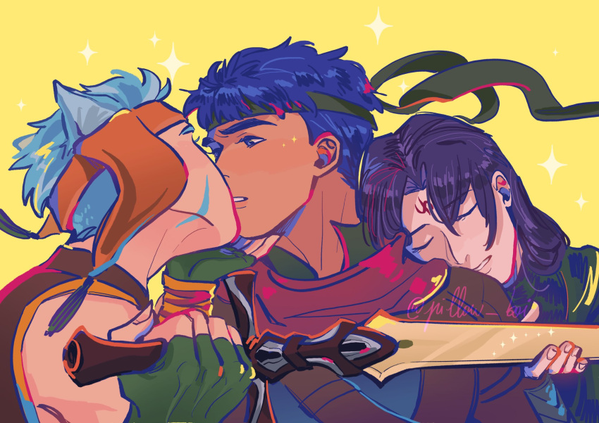 3boys animal_ears black_hair blue_eyes blue_hair cat_boy cat_ears closed_eyes commentary english_commentary facial_mark fingerless_gloves fire_emblem fire_emblem:_path_of_radiance forehead_mark gloves green_gloves green_headband head_on_another's_shoulder headband highres holding holding_sword holding_weapon ike_(fire_emblem) kissing laguz_(fire_emblem) long_hair male_focus multiple_boys polochon ragnell ranulf_(fire_emblem) short_hair simple_background soren_(fire_emblem) sword twitter_username upper_body weapon yaoi yellow_background