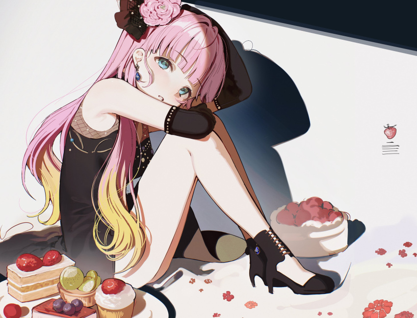 anyoji_hime anyoji_hime_(16th_birthday) arm_on_knee arm_up armpit_crease bare_legs black_dress black_footwear black_gloves blue_eyes blunt_bangs breasts cake cake_slice cupcake dkou dress elbow_gloves female flower-shaped_hair food fruit full_body gloves hashtag-only_commentary high_heels highres kiwi_(fruit) kiwi_slice knees_up link!_like!_love_live! long_hair looking_at_viewer love_live! medium_breasts official_alternate_costume official_alternate_hairstyle pink_hair plate short_dress side_ponytail side_slit sitting sleeveless sleeveless_dress solo stiletto_heels strawberry very_long_hair