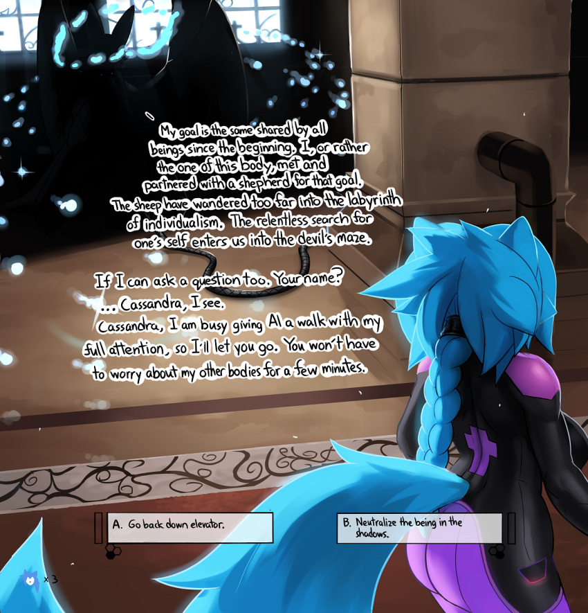 anthro asking_a_question ass back big_breasts bodysuit braid braided_hair braided_ponytail breasts canid canine cassandra_(ozoneserpent) darkness decision dialogue drone elevator female fox furry life_(gaming) mammal map original original_character ozoneserpent ponytail question sideboob size_difference tail text