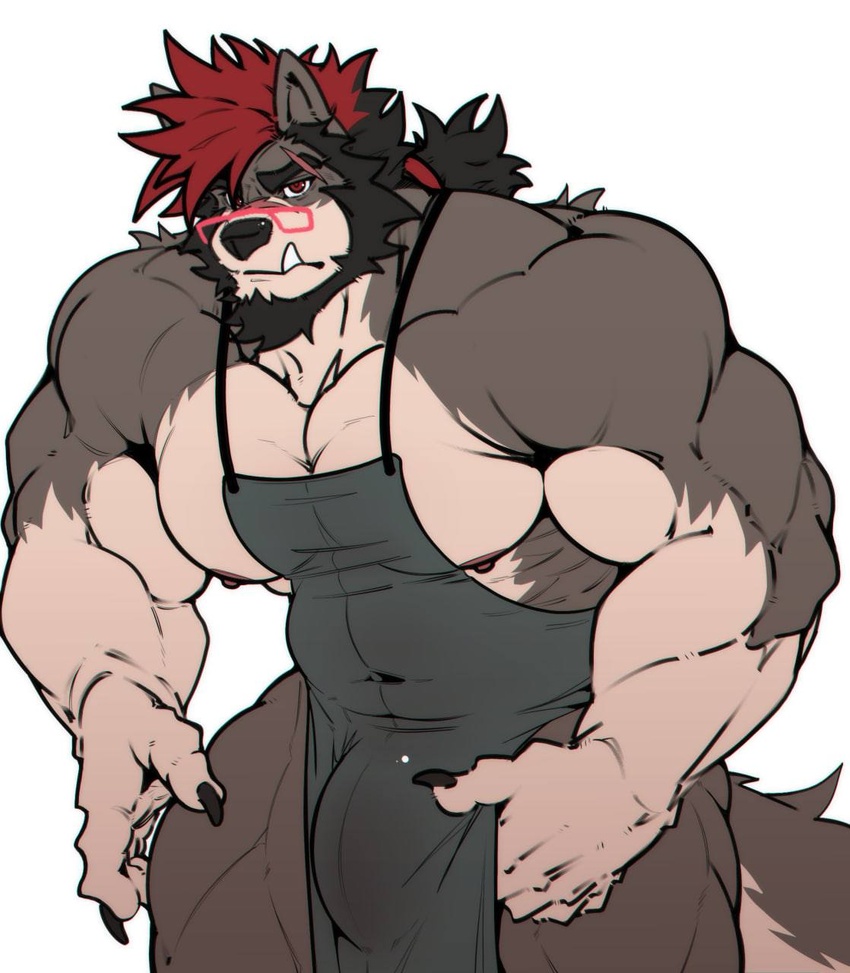 2023 abs anthro apron apron_only beard biceps black_hair bulge canid canine canis claws clothing deltoids eyebrow_scar eyewear facial_hair finger_claws flexor_carpi fur furry furry_only glasses grey_apron grey_body grey_fur hair hi_res highlights_(coloring) male mammal matcharyu multicolored_body multicolored_fur muscular_thighs navel_outline nipples pecs ponytail red_eyes red_highlights scar short_ponytail simple_background solo tan_body tan_fur triceps two_tone_body two_tone_fur white_background wolf